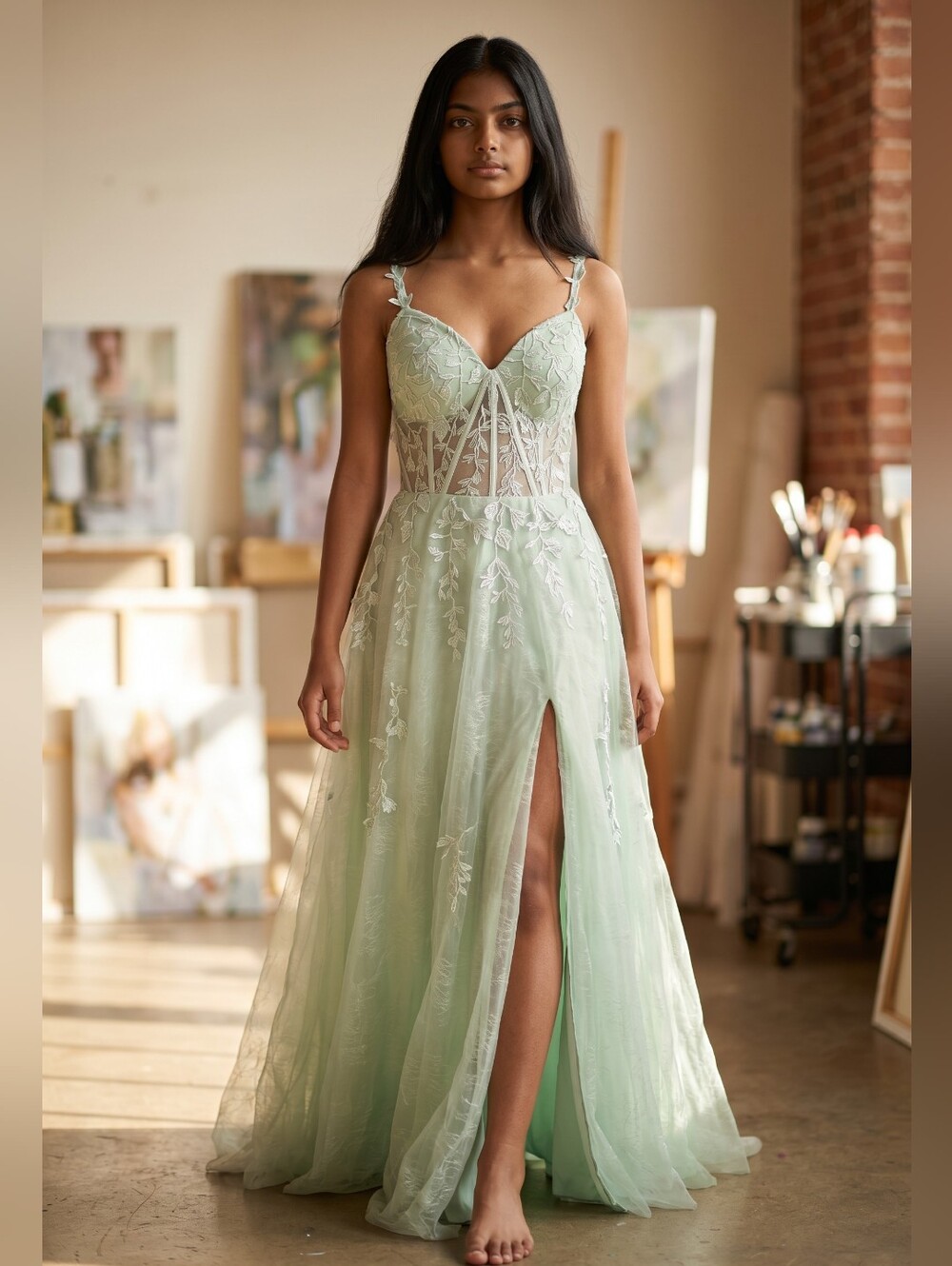 Embroidered Light Green Maxi Dress with Front Slit